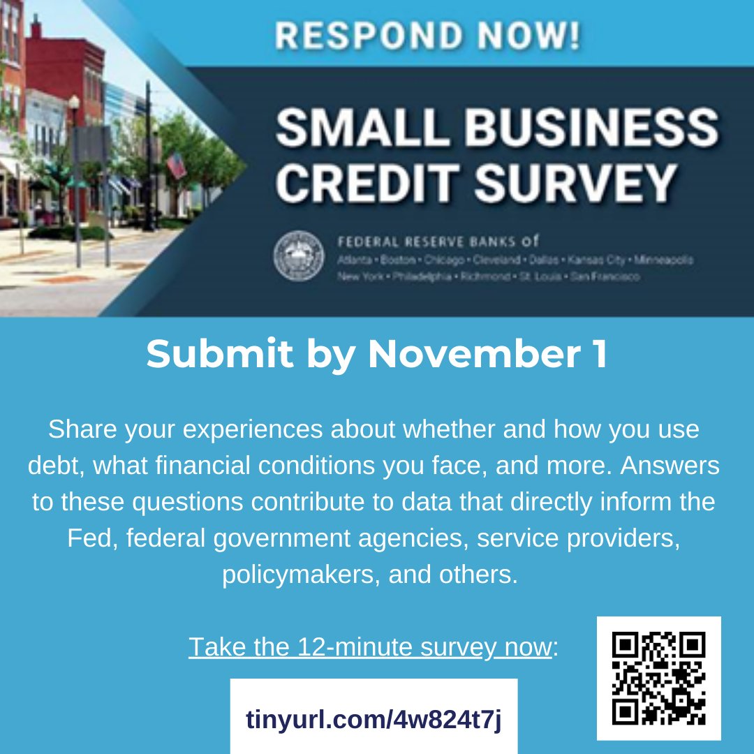 San Francisco Office of Small Business (@sfosb) on Twitter photo The <a href="/federalreserve/">Federal Reserve</a> 2024 Small Business Credit Survey is now open! Share your recent experiences about whether and how you use debt, what financial conditions you face, and more.
Respond: tinyurl.com/4w824t7j The <a href="/federalreserve/">Federal Reserve</a> 2024 Small Business Credit Survey is now open! Share your recent experiences about whether and how you use debt, what financial conditions you face, and more.
Respond: tinyurl.com/4w824t7j