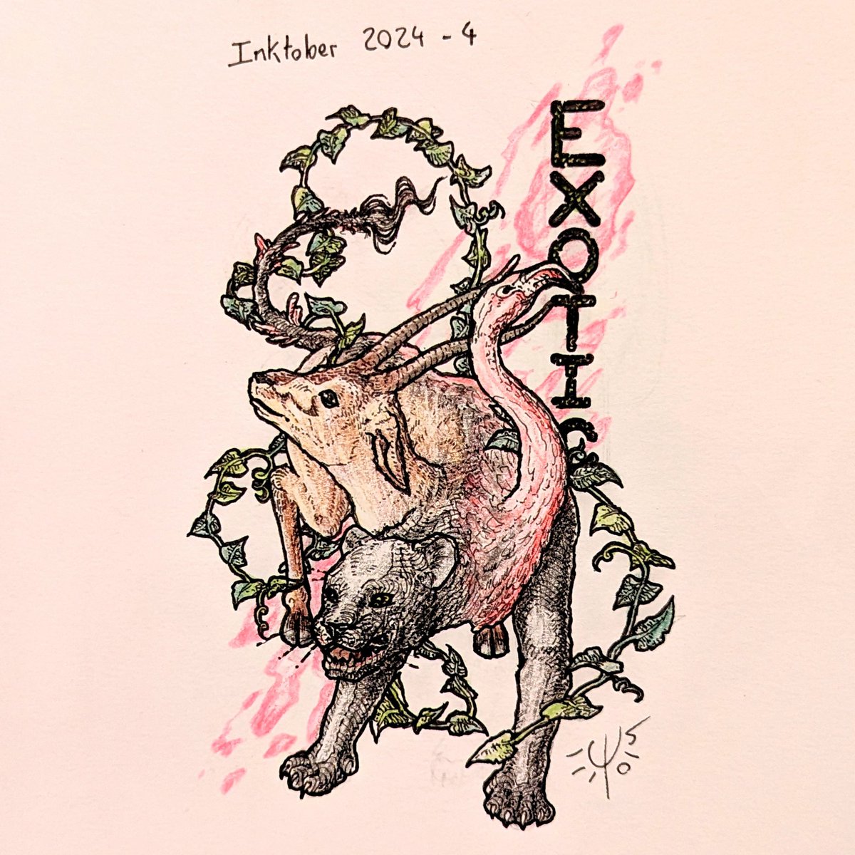 J'ai continué le #inktober sans prendre le temps de poster à courir partout ces derniers jours 🤦🏻‍♀️ ducoup je vous montre au fur a mesure 

🦩Jour 6 - EXOTIC 🐆
Un animal sorti tout droit d'un univers lointain exotique par ses influences et par sa nature même de chimère