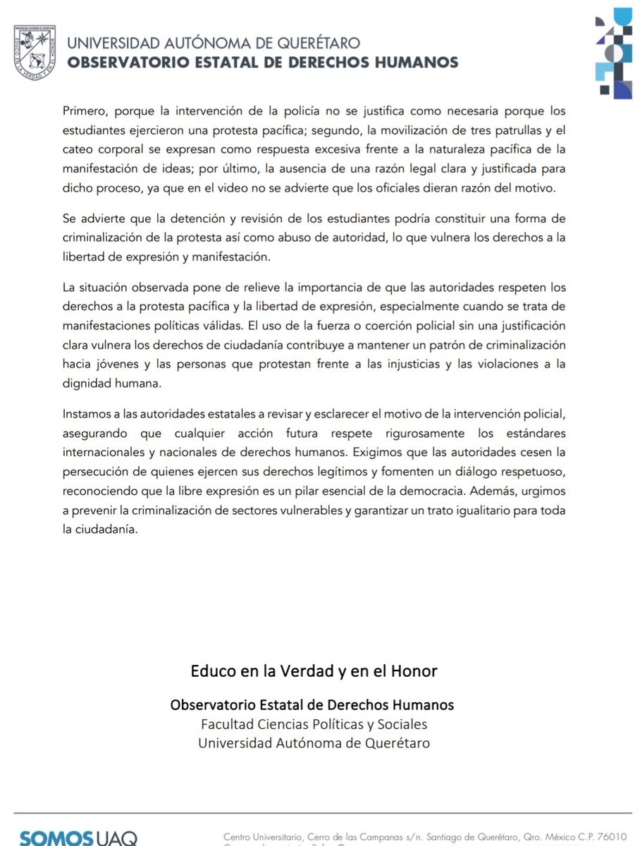 Ayer oficiales de la policía estatal de Querétaro detuvieron injustificadamente a estudiantes de la <a href="/UAQmx/">UAQmx</a> por su participación en una muestra pacífica de solidaridad con Palestina. Exigimos que las autoridades cesen la persecución de quienes ejercen sus legítimos derechos.