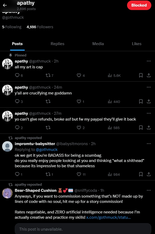 gassy_dragon's tweet photo. AI Scammer, AKA GOTHMUCK is still willing to take your money, draw over some shitty AI generated art then claims it as "artwork".

"wait but wasn't gothmuck banned for posting gore etc" - new account and looking up either name literally shows an archive linking em: @miserymuck https://t.co/TURaaOpfU6