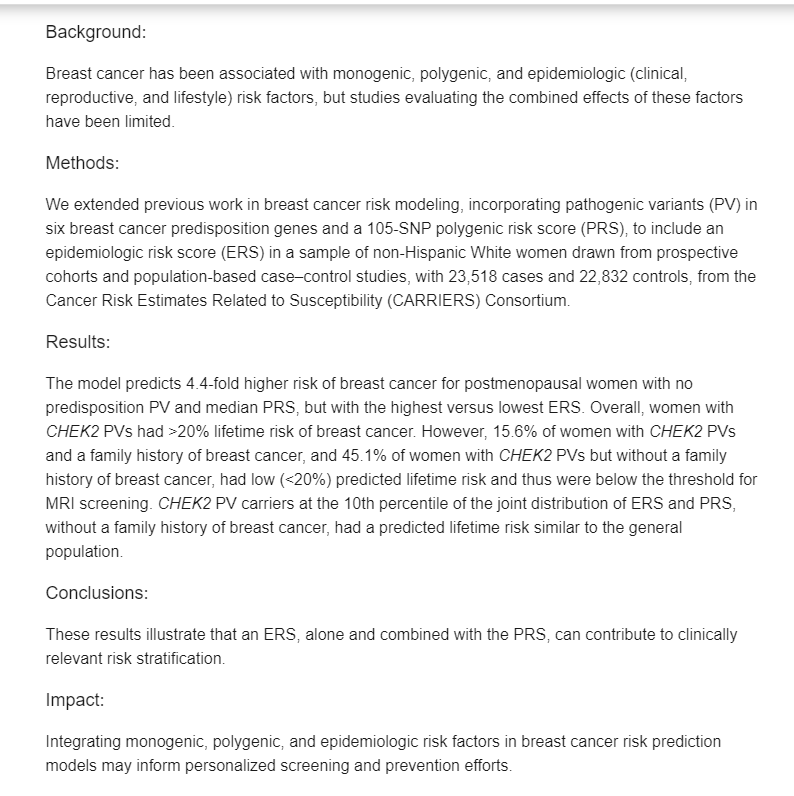 Muin J. Khoury (@muinjkhoury) on Twitter photo Development of a Breast Cancer Risk Prediction Model Integrating Monogenic, Polygenic, and Epidemiologic Risk. Via <a href="/CEBP_AACR/">Cancer Epidemiology, Biomarkers & Prevention</a> aacrjournals.org/cebp/article-a… Development of a Breast Cancer Risk Prediction Model Integrating Monogenic, Polygenic, and Epidemiologic Risk. Via <a href="/CEBP_AACR/">Cancer Epidemiology, Biomarkers & Prevention</a> aacrjournals.org/cebp/article-a…