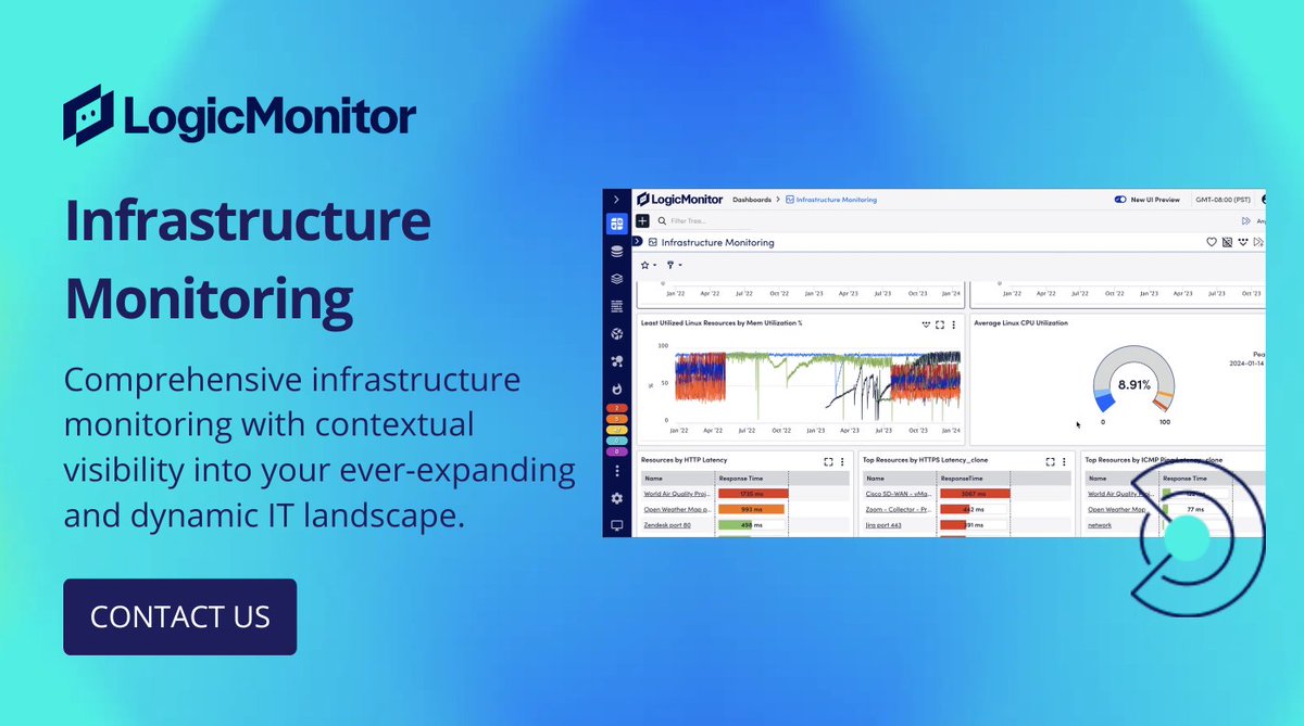 VGaustralia's tweet image. Unlock comprehensive infrastructure monitoring with LogicMonitor! Gain visibility into your dynamic IT landscape and use predictive insights to boost efficiency and drive growth. Contact us to learn more: l8r.it/zB0V

#LogicMonitor #InfrastructureMonitoring