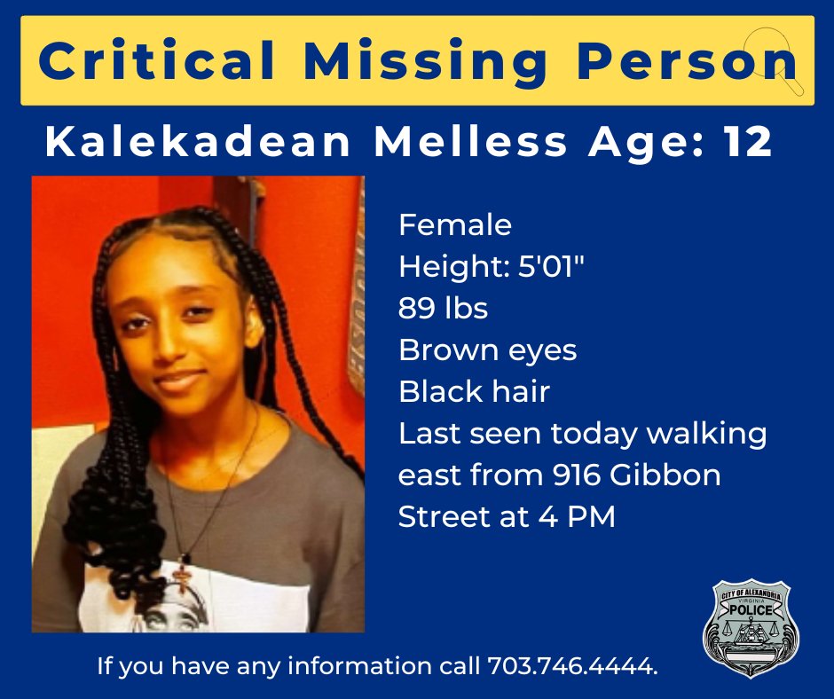 AlexandriaVAPD's tweet photo. Officers are searching for a critical missing 12-year-old girl. If you see or know her whereabouts, please call the APD non-emergency number 703-746-4444. https://t.co/h0diiFtUJ0