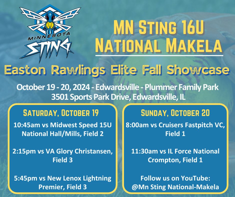 We're heading on the road October 19-20 for some great competition!
<a href="/MNStingFP/">MN Sting Fastpitch</a>