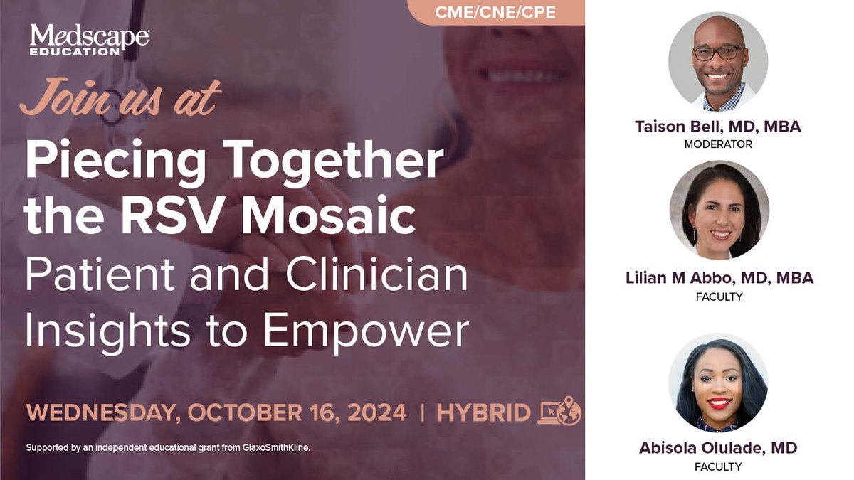 MedscapeLIVE (@medscapelive) on Twitter photo ✈️ Heading to #IDWeek2024? Elevate your knowledge on RSV infections. 📚 Learn how to recommend vaccines, engage in shared decision-making, and emphasize 💉 vaccine importance for at-risk individuals. 💥 Join dream team: <a href="/liliabbo/">Lilian Abbo</a>, <a href="/TaisonBell/">Dr. Taison Bell</a> <a href="/askdrabi/">Dr Abisola Olulade MD</a>. 📍 ms.spr.ly/6012mFi4i ✈️ Heading to #IDWeek2024? Elevate your knowledge on RSV infections. 📚 Learn how to recommend vaccines, engage in shared decision-making, and emphasize 💉 vaccine importance for at-risk individuals. 💥 Join dream team: <a href="/liliabbo/">Lilian Abbo</a>, <a href="/TaisonBell/">Dr. Taison Bell</a> <a href="/askdrabi/">Dr Abisola Olulade MD</a>. 📍 ms.spr.ly/6012mFi4i