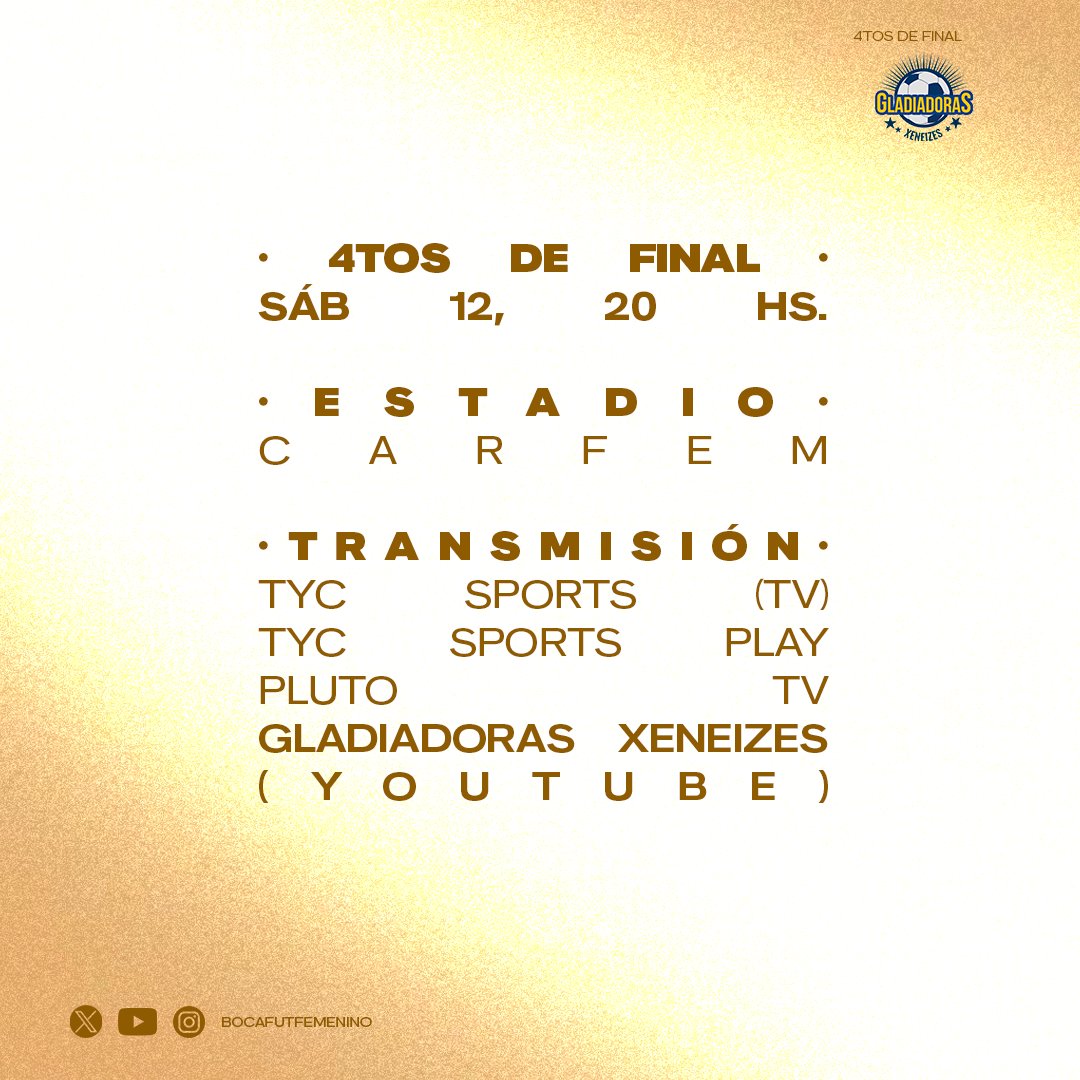 #PróximoPartido

Santos vs. Boca

#LibertadoresFem 🏆

📅Sábado 12/10
⏰20 h (ARG)
🏟️CARFEM
📺TyC Sports
💻TyC Sports Play/Pluto TV
🎙️youtube.com/@Bocafutfemeni…

📸<a href="/martinflores306/">Martin</a> 

#VamosGladiadoras ⚔️🛡️