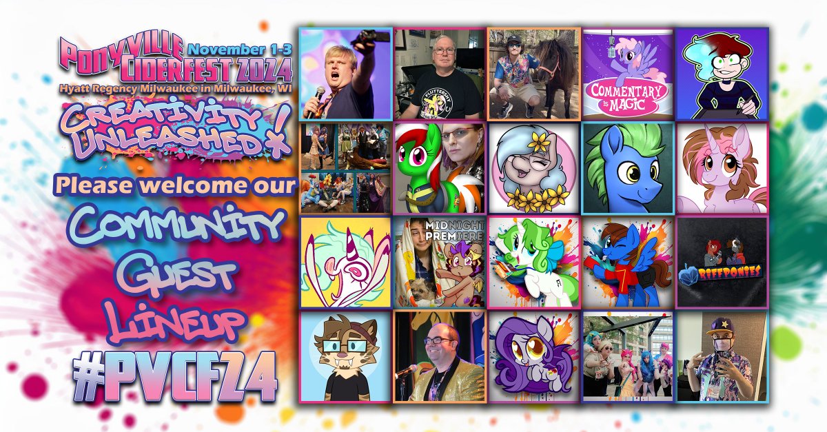 Our #PVCF24 Community Guest lineup is here!

Please welcome these old, returning, and brand-new friends:

<a href="/ACRacebest/">ACRacebest</a>
Baron Engel
<a href="/ColeDonnerstag/">Cole Donnerstag</a> 
<a href="/cim_ccg/">Commentary is Magic</a> 
<a href="/CosmicKeyframe/">CosmicKeyframe Productions (now on 🦋)</a> 
<a href="/s_crackle/">Crackle's Cousin Cosplay 🔜 COSPLAY EVENTS FOR U!</a> 
<a href="/Fiaura_Tanks/">Fiaura The Tank Girl</a> 
<a href="/foalpapers/">@foalpapers.bsky.social</a> 
<a href="/GatorGoatJohnny/">Gator Goat Johnny</a> 
<a href="/HibiscusStitch/">Hibiscus Stitch</a> 
<a href="/JaneGumball/">Jane Gumball!</a> 
<a href="/MidPrem/">⋆✦ MidnightPremiere ✦⋆</a>