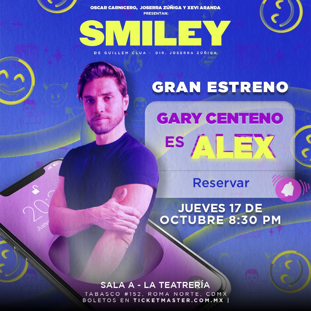 ¡Este jueves 17 de octubre <a href="/GaryCenteno25/">Gary</a>  se une a #SMILEY como Alex! 🔥

Acompáñanos en su estreno y descubre qué sucede cuando dos personas completamente diferentes se enamoran pero no quieren admitirlo 😏

🗓️Jueves, 8:30 pm
🎟️Boletos en taquilla o en bit.ly/Smiley_LT