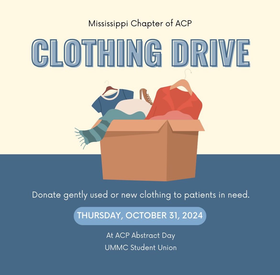 Mississippi ACP (@ms_acp) on Twitter photo This year at our annual abstract day, we have planned a clothing drive for our patients in need. We welcome your participation!
#internalmedicine #ACP
<a href="/UMMCMedRes/">UMMC Internal Medicine Residency</a> <a href="/UMMCnews/">The University of Mississippi Medical Center</a> <a href="/msdh/">Mississippi State Department of Health</a> This year at our annual abstract day, we have planned a clothing drive for our patients in need. We welcome your participation!
#internalmedicine #ACP
<a href="/UMMCMedRes/">UMMC Internal Medicine Residency</a> <a href="/UMMCnews/">The University of Mississippi Medical Center</a> <a href="/msdh/">Mississippi State Department of Health</a>