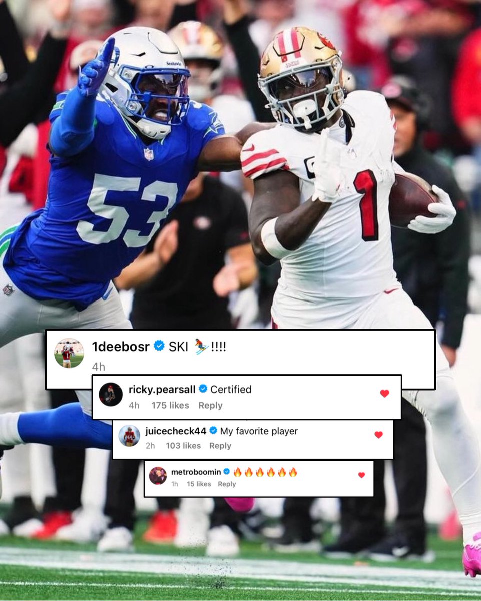 OurSf49ers's tweet photo. Updated stat line for Deebo Samuel against The Seattle Seahawks: 

49 catches for 878 yards and 8 touchdowns in 8 games versus the Seahawks in his career 😈 https://t.co/KreRKTMA8u