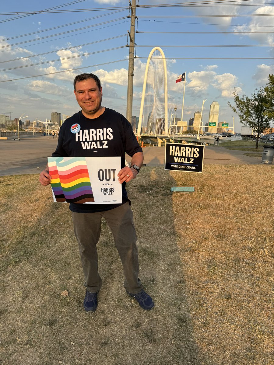 jeffstrater's tweet photo. Showing off our #OutForHarris buttons and signs! 

Big thanks to @ChicoCes &amp; @SamAlleman from @KamalaHQ for the perfect swag. 

Had a great time with @stonewalldemoxrards at the @dallasdemocrats Hispanic Heritage Month Pachanga!  #TeamHarris #PachangaVibes https://t.co/t1Ach0ZGIh