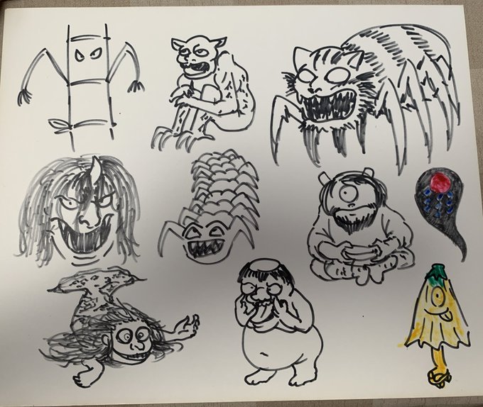 朝から姪ちゃんにせがまれてまた妖怪を描いていたぜ!全部わかるかな 