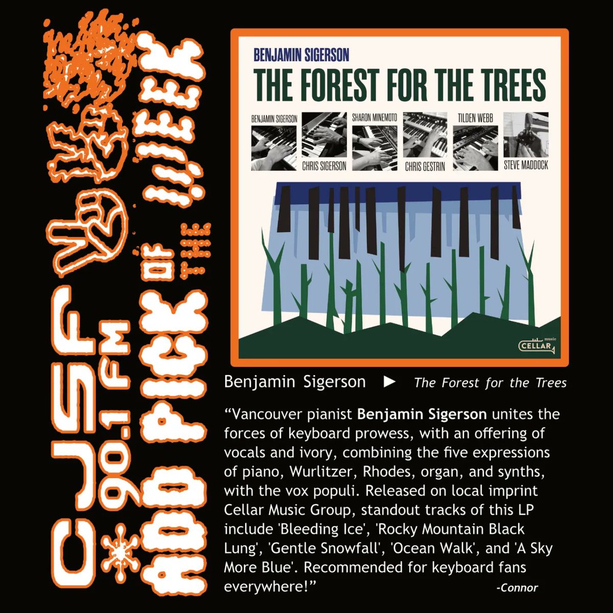CJSF's tweet image. The sun&apos;s out today, and so are the latest #CJSFCharts and #CJSFPick for this week!

📊✅️ See below for this week&apos;s #Top30 and @yyjyvr&apos;s review of Benjamin Sigerson&apos;s (@bensigerson.mp3) The Forest for the Trees...