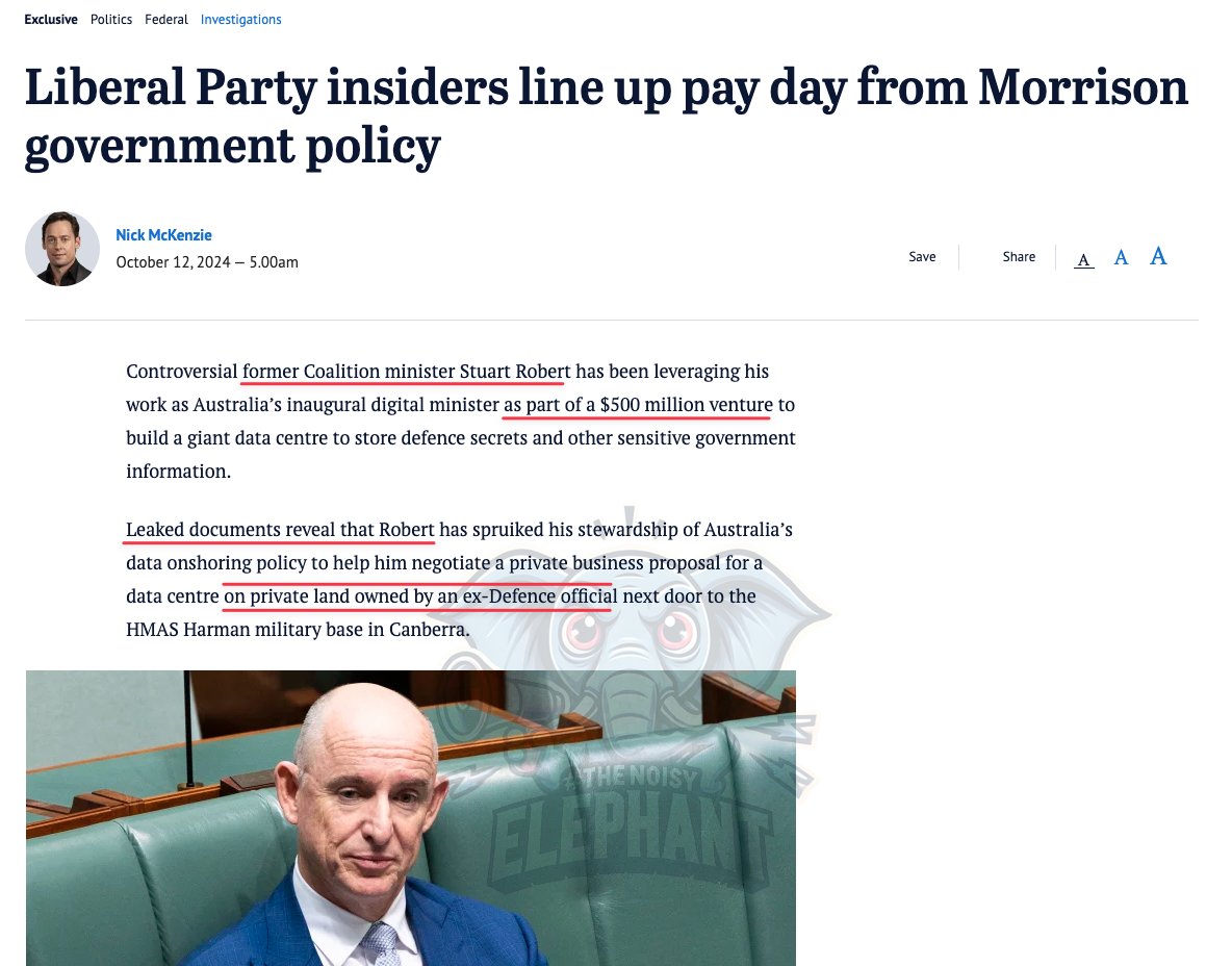 TheNoisyTrunk's tweet photo. Stuart Robert, Scott Morrison's 'Brother Stuey', the man who ran from parliament before the #NACC could look up his backside, or past it as the case may be

Remember the scandal over "Synergy 360?" That one involved #StuartRobert and some of the big guns like Oracle and Salesforce. Well, after slipping away from Parliament, fast forward 17 or 18 months, and Stuart Robert is back—this time with a twist on the same old game.

Stuart Robert is, like his mate Scotty The Book Salesman, never going to go hungry. Here’s a peek at life after politics for the Liberals:

After stepping down from politics, Robert's firm, Coram Deo Capital (Yep, weird alright), is pursuing a massive data centre project next to a Defence site, hoping to capitalise on the demand for secure government data storage. With Oracle and Salesforce once again in the mix, he’s angling to secure up to $500 million in private capital, showing off his connections as the former digital transformation minister.

It’s the same old “#revolvingdoor” scheme—connections, lobbying, and a whole lot of public-private back-scratching. And while he might claim to be a “private citizen” now, the pattern remains clear: Robert’s looking to cash in on policies he helped shape, all while his buddies in the Liberal Party line up for their share.

Ref: https://t.co/RU3JzVIqSH