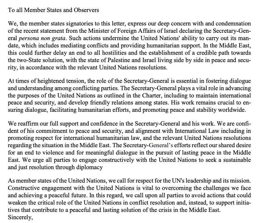 Palestine_UN's tweet photo. Led by Chile, Brazil, Colombia, South Africa, Uganda, Indonesia, Spain, Guyana and Mexico, 105 States signed a letter of support to the UN SG, @antonioguterres, condemning Israel’s declaration of persona non grata. https://t.co/bQCvANwHP2