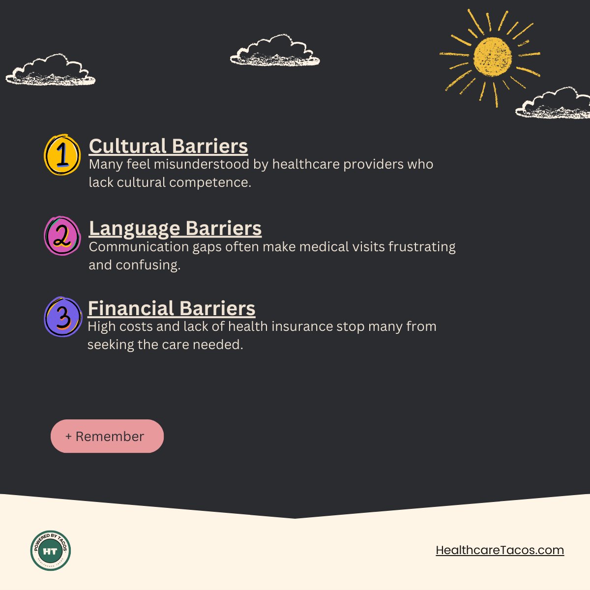 Why do many Hispanics avoid the #doctor?

It goes beyond fear of a diagnosis or a busy schedule:

I. Cultural Barriers
II. Language Barriers
III. Financial Barriers

Real change needs action, not just awareness. 

Let’s stir the salsa on #HealthEquity.