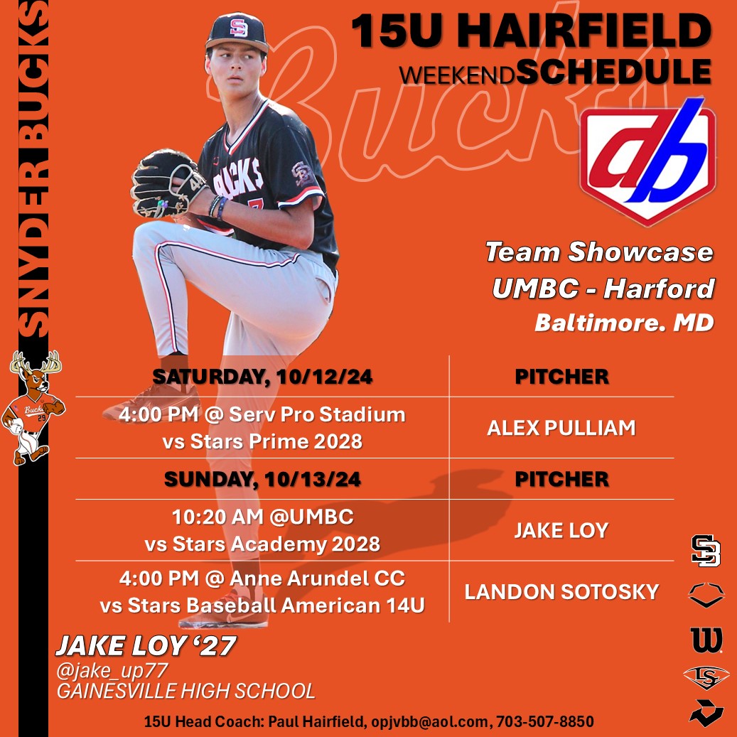 Snyder Baseball (@snyderbaseball) on Twitter photo SNYDER BUCKS 15U HAIRFIELD Weekend Schedule.
Here's our schedule for the weekend for Team Hairfield at the <a href="/DynamicBaseball/">Dynamic Baseball</a> Team Showcase in Baltimore, MD. Games get underway tomorrow afternoon at 4:00 PM at Serv Pro Stadium.
Good Luck BUCKS!!!
🦌⚾️🦌 SNYDER BUCKS 15U HAIRFIELD Weekend Schedule.
Here's our schedule for the weekend for Team Hairfield at the <a href="/DynamicBaseball/">Dynamic Baseball</a> Team Showcase in Baltimore, MD. Games get underway tomorrow afternoon at 4:00 PM at Serv Pro Stadium.
Good Luck BUCKS!!!
🦌⚾️🦌