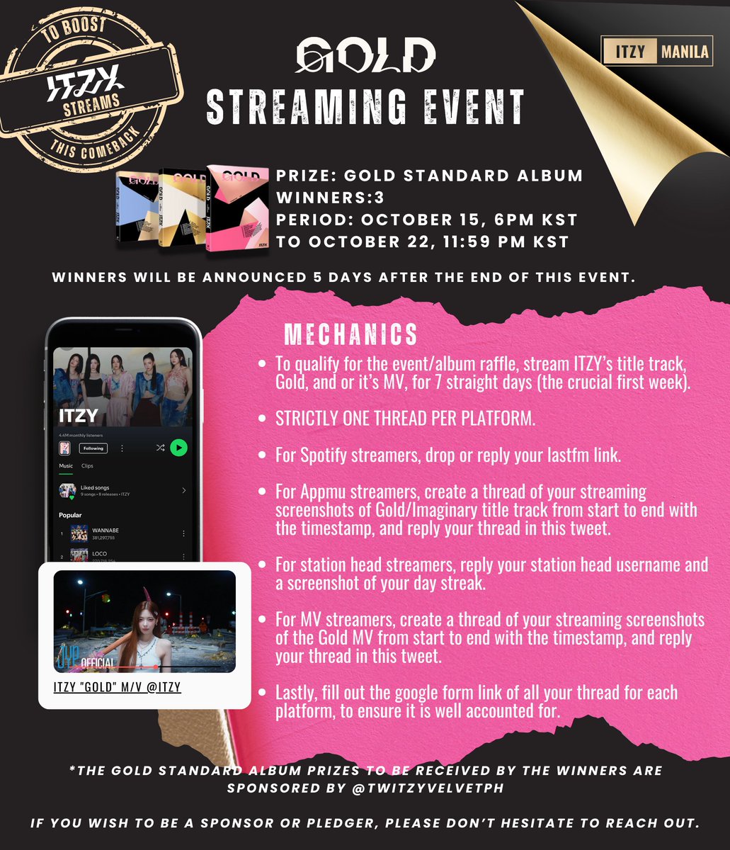 ITZYinMANILA's tweet photo. [🇵🇭] STREAMING EVENT

Filo Midzys! Let’s boost our streams this comeback!

Stream and get a chance to win a Gold Standard Album Version. Check out the full mechanics below! 

Make sure to share this &amp; encourage others to join!

Form: https://t.co/xJrgPNRiKy

#ITZY_GOLD https://t.co/hEhsRhjKdP