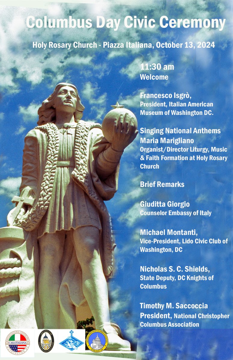 CasaItalianaDC's tweet photo. Join us this Sunday for the Columbus Day Celebrations starting with 10:30 mass at Holy Church followed by a civic ceremony at Holy Rosary's Piazza Italiana.  #ColumbusDay #ItalianAmerican https://t.co/kdKV36Wk2Q