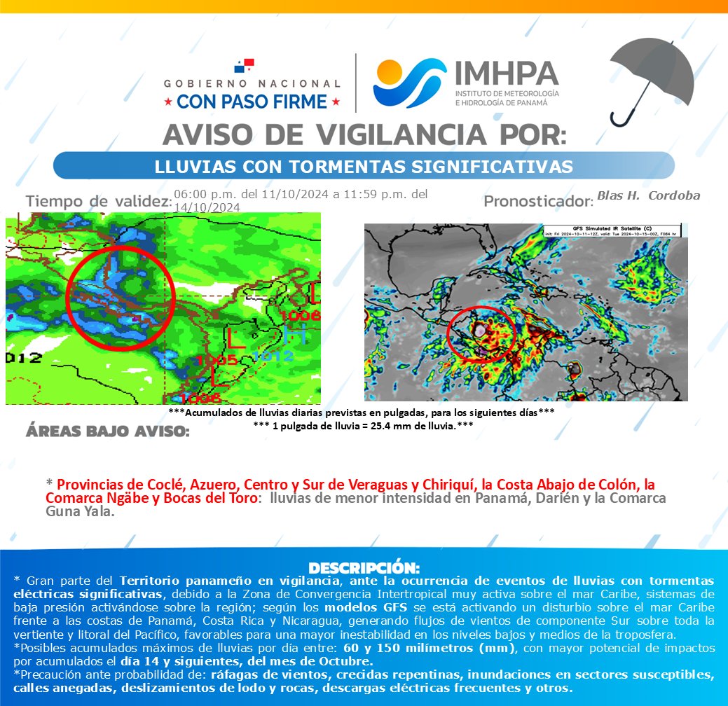 En seguimiento a las condiciones climaticas y con la actualizacion del Aviso de Vigilancia del IMHPA - SINAPROC declara Alerta Amarilla para Bocas del Toro, Chiriquí, Comarca Ngäbe Bugle, Herrera, Los Santos, y Coclé - Alerta Verde vigente para las provincias restantes.