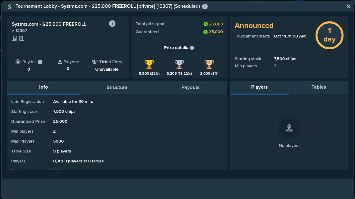 syztmz's tweet photo. $25,000 FREEROLL @Stake POKER TOURNAMENT 💣

You’ll need to be in stream 3 hours before the tournament starts to get the password. Level 2 verified accounts only and 5,000 players max.

View the tournament on stake to see registration time in your time zone. https://t.co/9MHWg75ei8