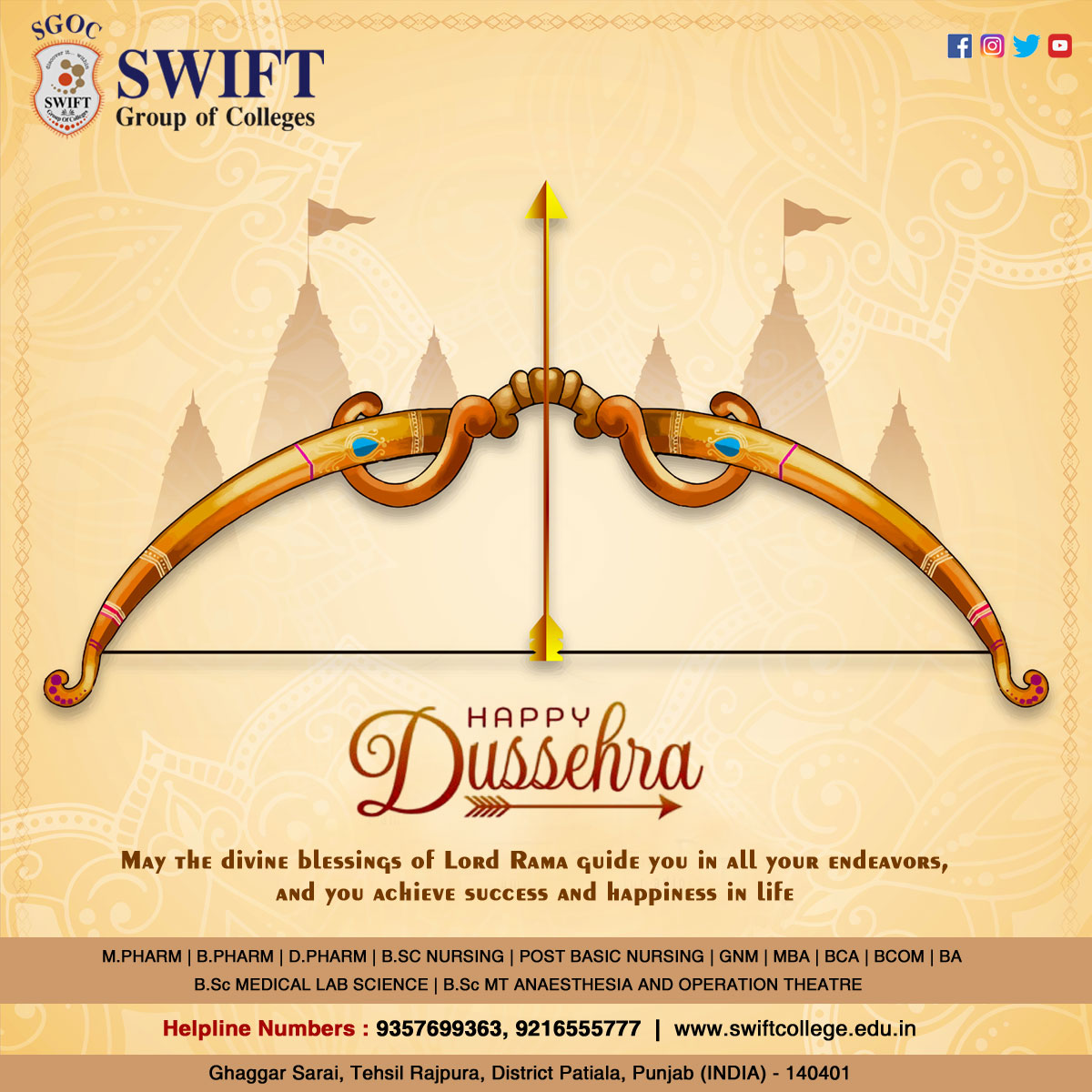 Swiftcolleges's tweet photo. Happy Dussehra! May the victory of good over evil inspire you to overcome all challenges in life.
#HappyDussehra #dussehra #vijaydashmi #GoodOverEvil #festivevibes #celebration #SwiftGroupofColleges #rajpura #Punjab https://t.co/emHGc3Ur9i