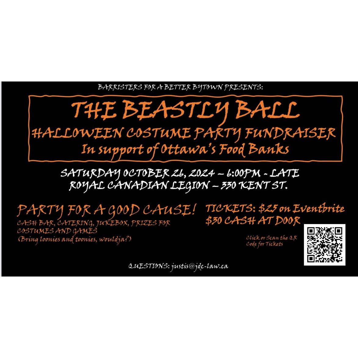MJ_Esq's tweet photo. Barristers for a Better Bytown are throwing a catered Halloween party on October 26th, 2024, starting at 6: 00 pm at the Royal Canadian Legion ( 330 Kent Street). Tickets are $25.00 in advance or $30 cash at the door 
 
https://t.co/FVaC4JpIoz

#charity #Ottawa https://t.co/PH4tgkWrRw
