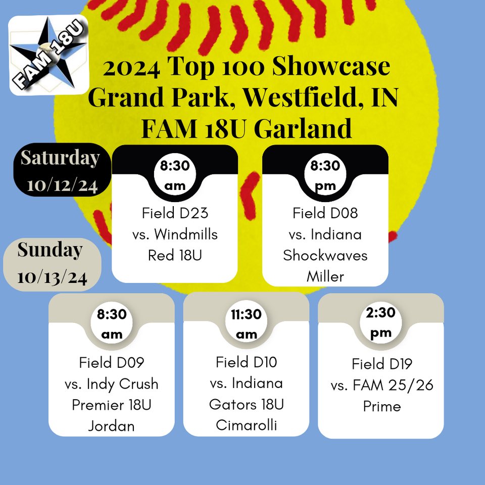 Ali Hassler (@alihassler2026) on Twitter photo Here is the updated schedule for this weekend.
<a href="/FAM2526garland/">FAM 18U Garland</a> <a href="/DePauwSoftball/">DePauw Softball</a> <a href="/NDsoftball/">Notre Dame Softball</a> <a href="/MU_SpartanSB/">Manchester University Softball</a> <a href="/IndStSoftball/">Indiana State Softball</a> <a href="/IndianaSB/">Indiana Softball</a> <a href="/ButlerSoftball/">Butler Softball</a> <a href="/BallStateSB/">Ball State Softball</a> <a href="/AURavenSoftball/">AUSB</a> <a href="/FCGrizSoftball/">Franklin College Softball</a> <a href="/LewisSoftball/">Lewis Softball</a> Here is the updated schedule for this weekend.
<a href="/FAM2526garland/">FAM 18U Garland</a> <a href="/DePauwSoftball/">DePauw Softball</a> <a href="/NDsoftball/">Notre Dame Softball</a> <a href="/MU_SpartanSB/">Manchester University Softball</a> <a href="/IndStSoftball/">Indiana State Softball</a> <a href="/IndianaSB/">Indiana Softball</a> <a href="/ButlerSoftball/">Butler Softball</a> <a href="/BallStateSB/">Ball State Softball</a> <a href="/AURavenSoftball/">AUSB</a> <a href="/FCGrizSoftball/">Franklin College Softball</a> <a href="/LewisSoftball/">Lewis Softball</a>