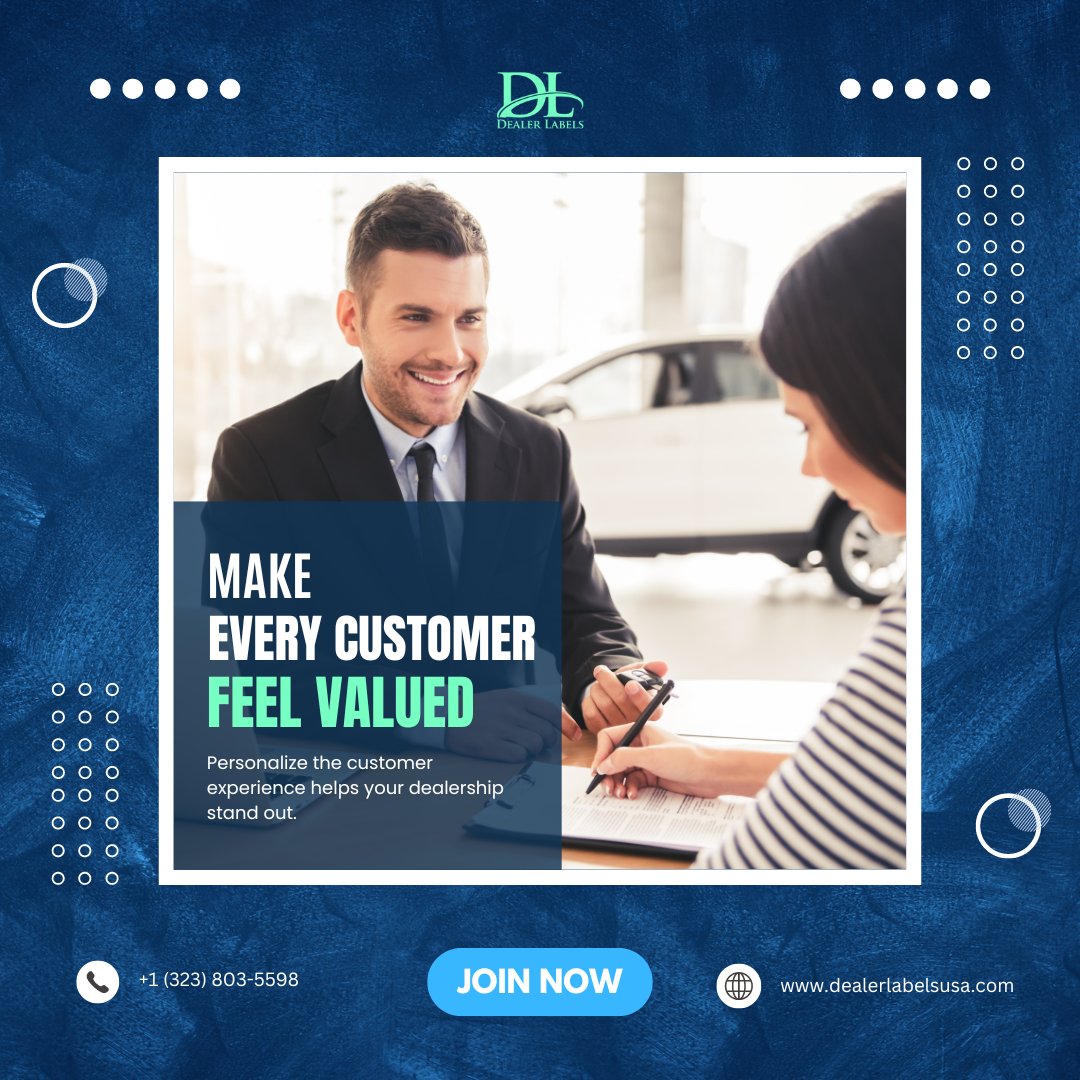 DealerLabels's tweet image. One of the best ways to stand out in the auto industry? Personalize the customer experience. Whether it’s remembering their preferences or offering tailored solutions, making customers feel valued goes a long way. #AutoDealerships #BuyersGuides #dealershiptools #dealerlabels