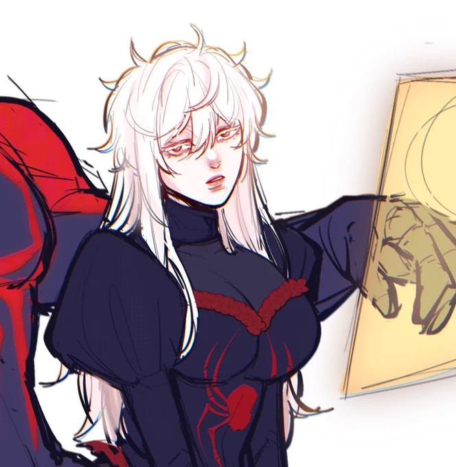[ Normal mode ] - Soft pink eyes - Black long nails - White eyes lashes, white hair and pale skin like normal albinos