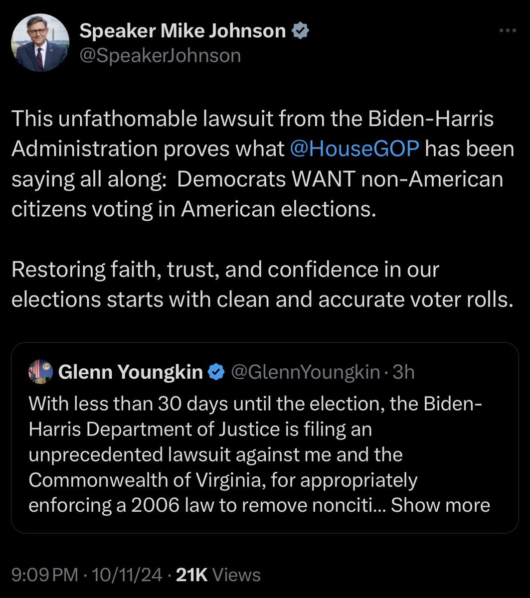 This lawsuit was filed by DOJ because Youngkin waited until the last minute to do a big purge of his voter rolls &amp; there’s a fed law that you can’t do that within 90 days of an election so people aren’t unknowingly &amp; mistakenly disenfranchised. These two know that very well.