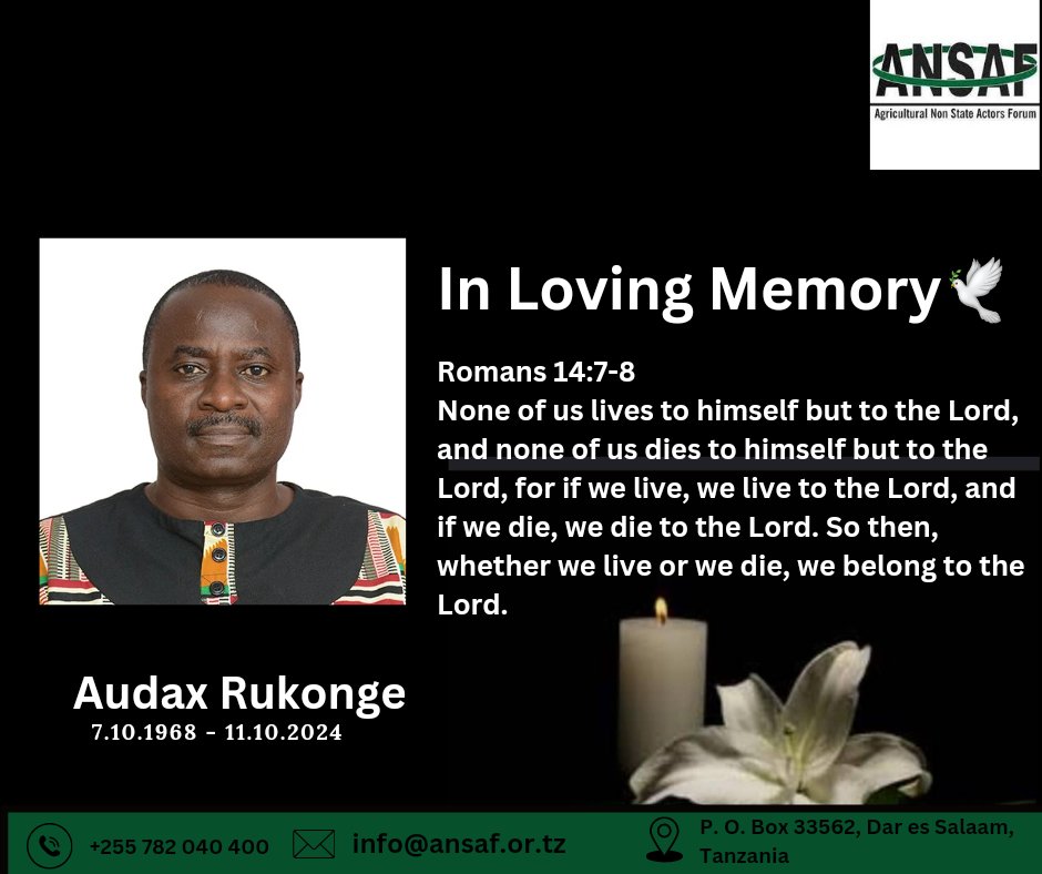 ANSAFForum's tweet photo. We are deeply saddened to announce the passing of Mr. Audax Rukonge, our esteemed former Executive Director of ANSAF, on October 11th at Ocean Road Hospital, where he was receiving treatment. https://t.co/nin4qiOSwV
