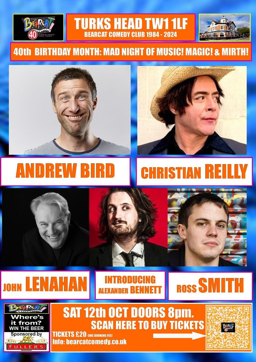 Showtime TONIGHT!

Classy Bearcat birthday lineup <a href="/TurksHeadTW1/">The Turk’s Head</a> 
<a href="/a_tweety_bird/">Andrew Bird</a> 
<a href="/christreilly/">Christian Reilly</a> 
@johnlenehan
<a href="/Rosssmithcomedy/">Ross smith</a> 

Seats available: bearcatcomedy.co.uk

Thank you 🐻🐱❤️