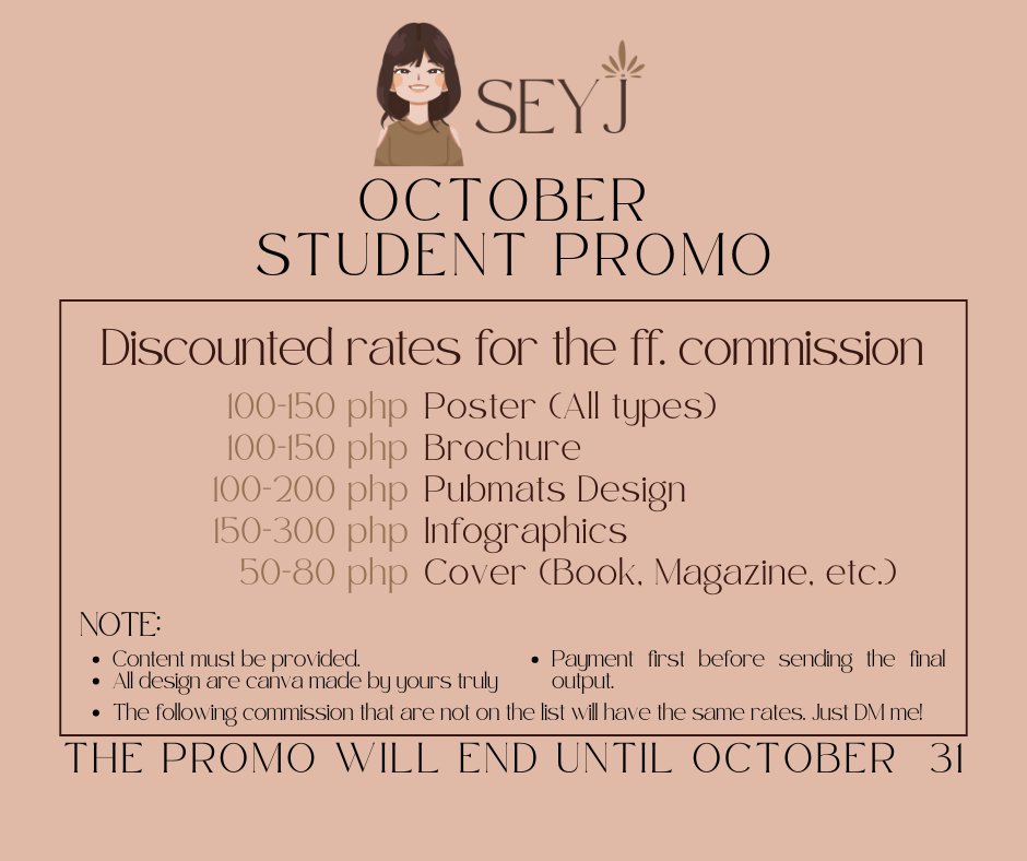 OCTOBER STUDENT PROMO! 
Open for Graphic Design Commission with the most affordable price for the student starting today! 

DM me now to avail some slot 😊

🪷 lf client acad academic commission poster brochure pub mats infographics cover