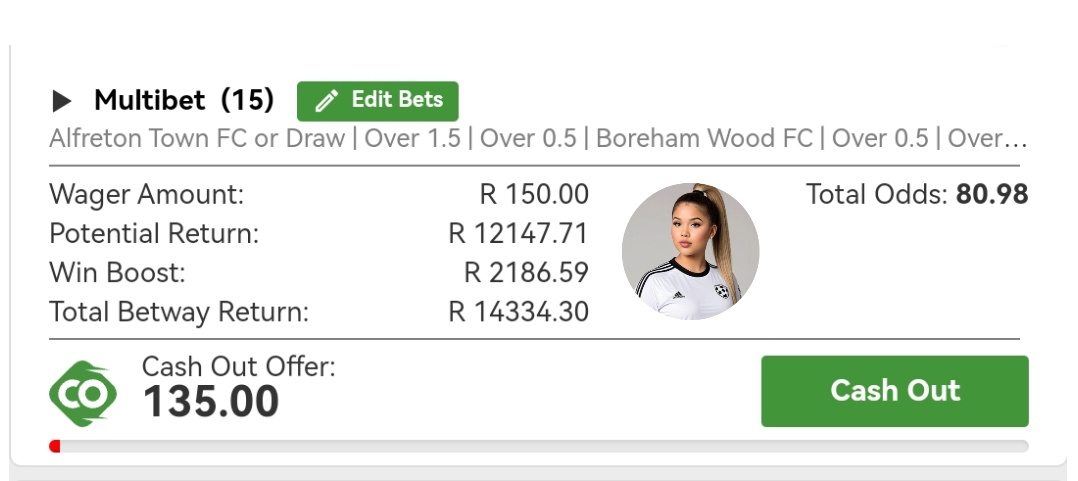 Congrats if you followed yesterdays safe tickets. Today it will BOOM💥💥💥
Heres another safe ticket😘💰🔥
Betway code: X7FFD8CD6
Kickoff: 16h00
Odds: 80.98
I will also be dropping some Vouchers😘
