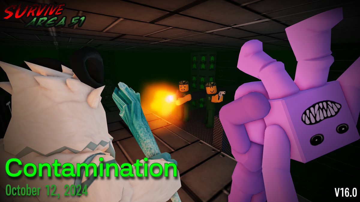 New Update - V16.0 - Contamination (10/12/24)
-Added a gamemode: Infection mode
-Added new rooms
-Added 2 weapons
-Added 2 killers
-Much more
Play: roblox.com/games/15538210…
