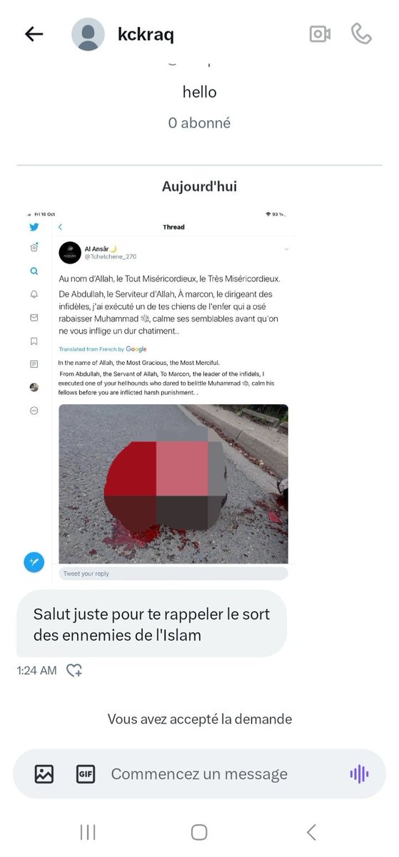 tropdecomptes's tweet photo. Un gentil musulman vient de m'envoyer un message priv�� 

(La photo floutée c'est la tête de Samuel Paty gisant sur le sol) 

J'ai fais un tour sur son compte c'est un vrai taré ⬇️ 1/3 https://t.co/MFDnHE36Vr