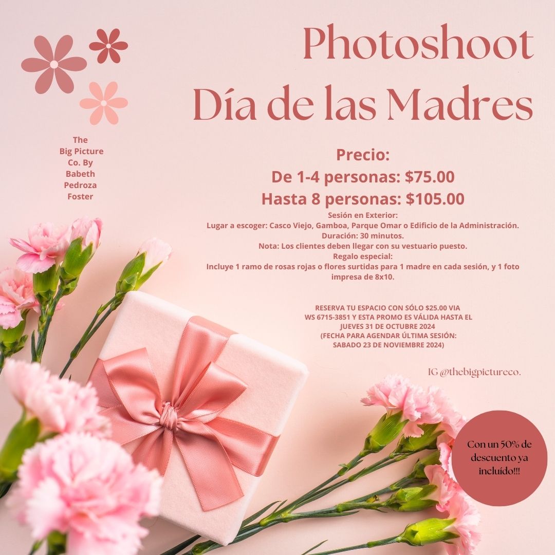PicturePanama's tweet image. ¡Celebra a mamá con una sesión fotográfica al aire libre! 🌸📸
De 1-4 personas: $75 | Hasta 8: $105
Regalo: Ramo de flores + Foto impresa 8x10 🎁
Reserva por $25 en WhatsApp 6715-3851.
Promo válida hasta 31/oct y sesiones hasta 23/nov. ¡50% de descuento ya incluido!