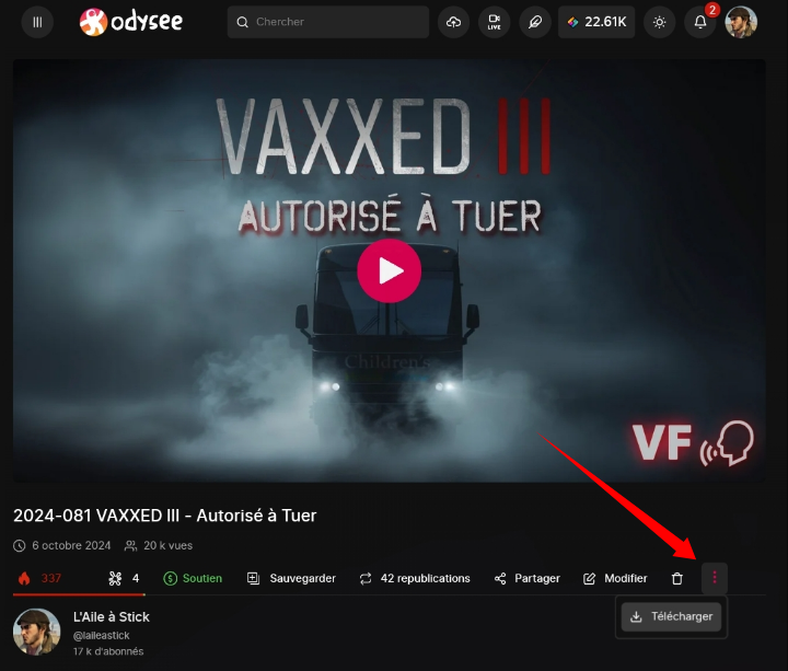 aileastick1's tweet photo. 👇🧐👍
Ce weekend faites un geste de partage avec votre entourage afin de réveiller les consciences.
VAXXED III - Autorisé à Tuer.

Odysee offre la possibilité de télécharger les médias.
Pour cela, cliquez sur les 3 petits points en bas à droite de la vidéo puis télécharger.
Il ne vous reste plus qu'à mettre la vidéo sur une clé USB et regarder sur une télé multimédia muni d'une prise USB.

➡️VAXXED III - Autorisé de Tuer
https://t.co/sm6WDTfdWI

➡️VAXXED II - La Vérité du Peuple 
https://t.co/1ePo2xQMTo

➡️VAXXED I - De la Dissimulation à la Catastrophe 

https://t.co/9noaGv21kS