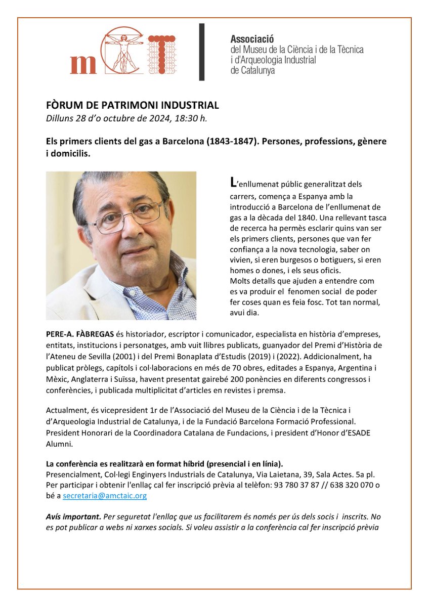 Pere A. Fabregas (@fabregaspere) on Twitter photo Interessant conferència, dilluns 28 d'octubre, 18:30h, Col.legi Enginyers. Entrada lliure. Format hibrid. Cal inscripció: secretaria@amctaic.org T'hi espero !!! Interessant conferència, dilluns 28 d'octubre, 18:30h, Col.legi Enginyers. Entrada lliure. Format hibrid. Cal inscripció: secretaria@amctaic.org T'hi espero !!!