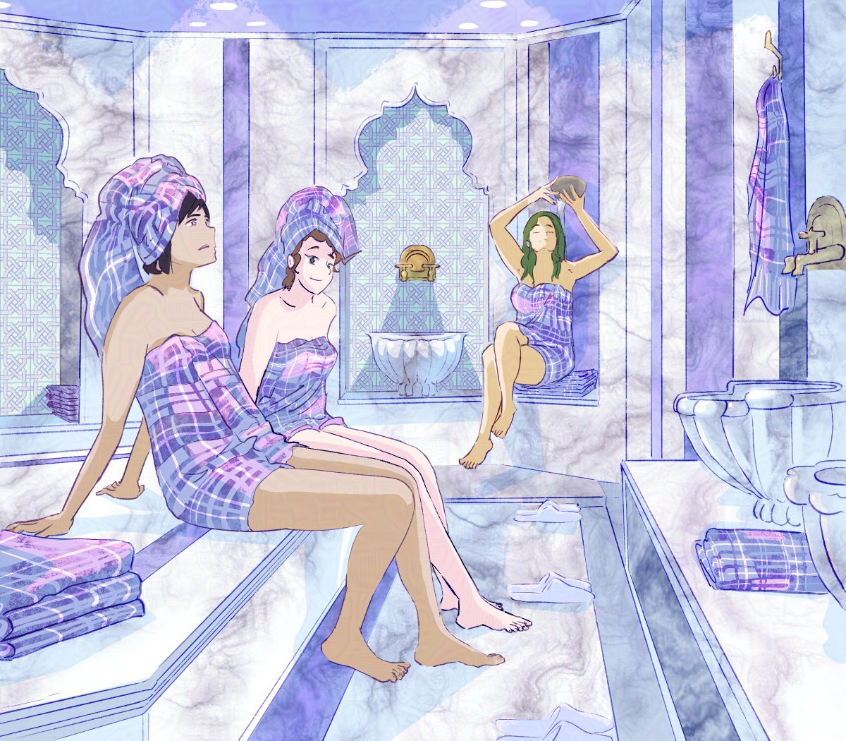 Flannel Party🛁
Peştemal's classic design is a flannel looking one, hence our inspiration for the next #webtoon_oc_tober prompt. This can be a very relaxing one with lots of warm/hot water and plenty of steam for our girls' winding down &amp; chatting🪷
#DrawWithCANVAS #WEBTOONCANVAS