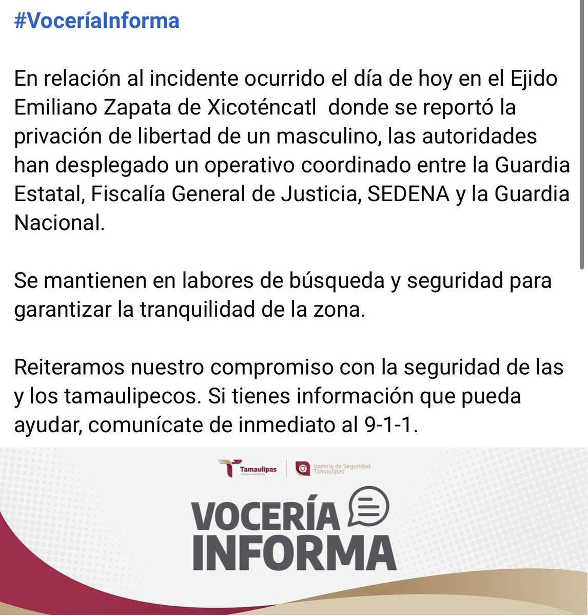 #QueNoSeLePase <a href="/VoceriaSegTamps/">Vocería de Seguridad Tamaulipas</a> informa que se ha desplegado un operativo coordinado entre la Guardia Estatal, <a href="/FGJ_Tam/">Fiscalía General de Justicia de Tamaulipas</a>  <a href="/SEDENAmx/">AltoMando</a> y Guardia Nacional tras el secuestro del Diputado @GPPANTamaulipas <a href="/PANTamMx/">PAN Tamaulipas</a> Vicente Verástegui Ostos  #Xicoténcatl #Tamaulipas #cdvictoria 🚨🚨🚨