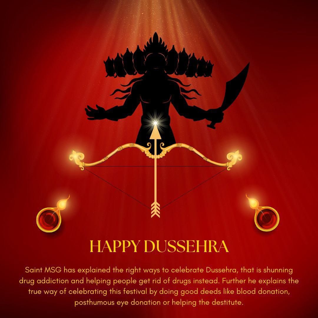 AmanGre12916643's tweet photo. Dussehra #VijayaDashami is a symbol of good over evil,here evil comes to an end.Saint MSG Insan has inspired the followers of Dera Sacha Sauda to do work 4 the welfare of humanity on the festival.#HappyDussehra
#HappyDussehra2024 https://t.co/r5SA95NiMM