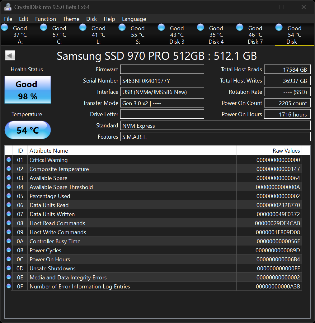 CrystalDiskInfo 9.5.0 Beta3 Release!
sourceforge.net/projects/cryst…

- Improved JMicron JMS586 support