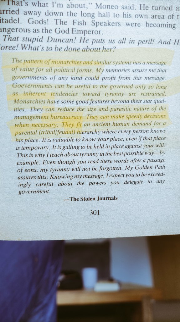 jamesbluecrow's tweet photo. Often in the books of dune one can find interesting thought provoking words.
Because they are in a sci-fi novel they may seem trivial but I feel the author secretly questions everything in a classical greek style.

#GodEmperorOfDune #Dune https://t.co/FOO2wt3mCn