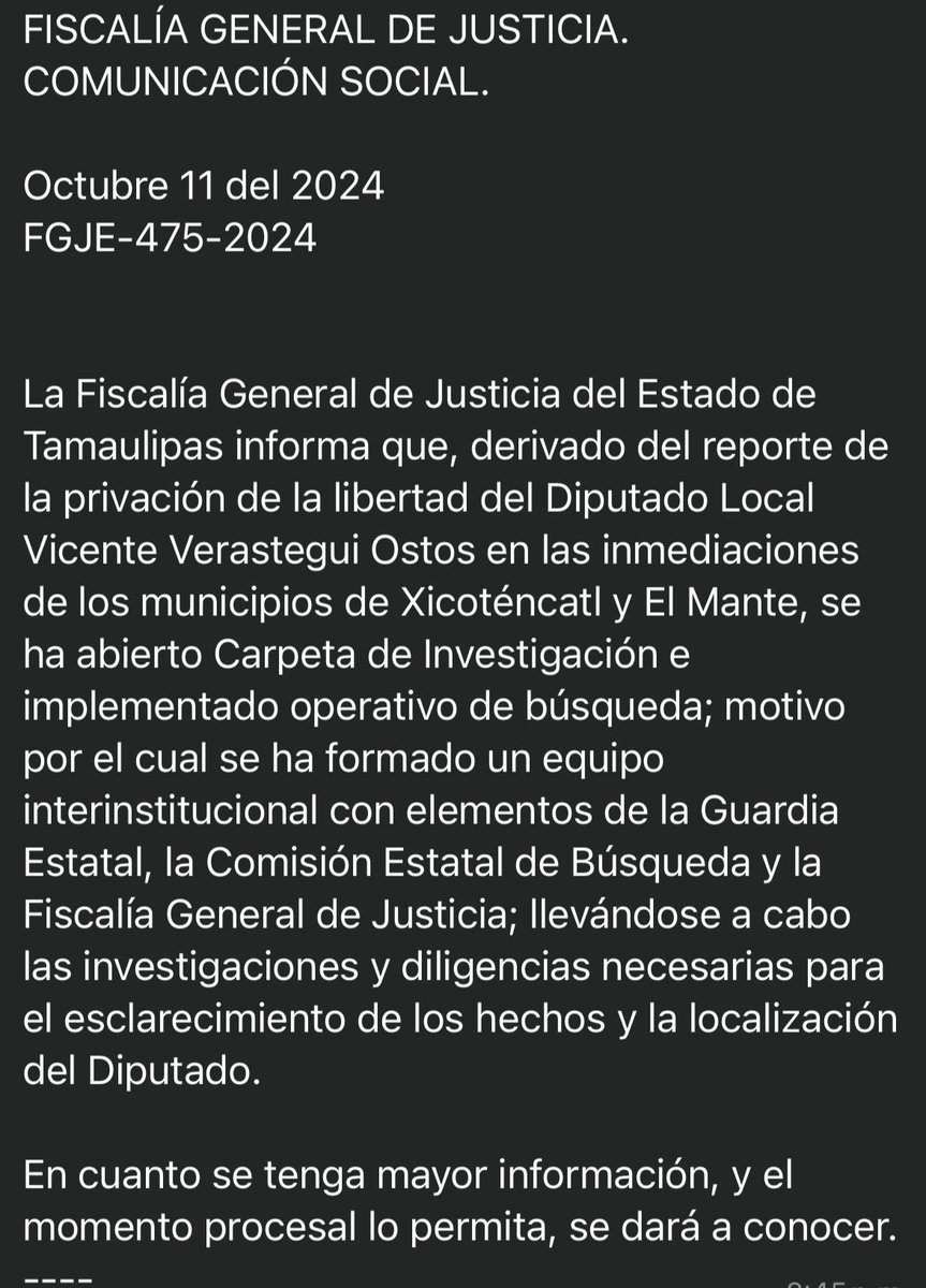 Abre la <a href="/FGJ_Tam/">Fiscalía General de Justicia de Tamaulipas</a> carpeta de investigación por secuestro del Diputado @GPPANTamaulipas <a href="/PANTamMx/">PAN Tamaulipas</a> Vicente Verástegui #QueNoSeLePase facebook.com/share/128Ekx51… #cdvictoria #Tamaulipas