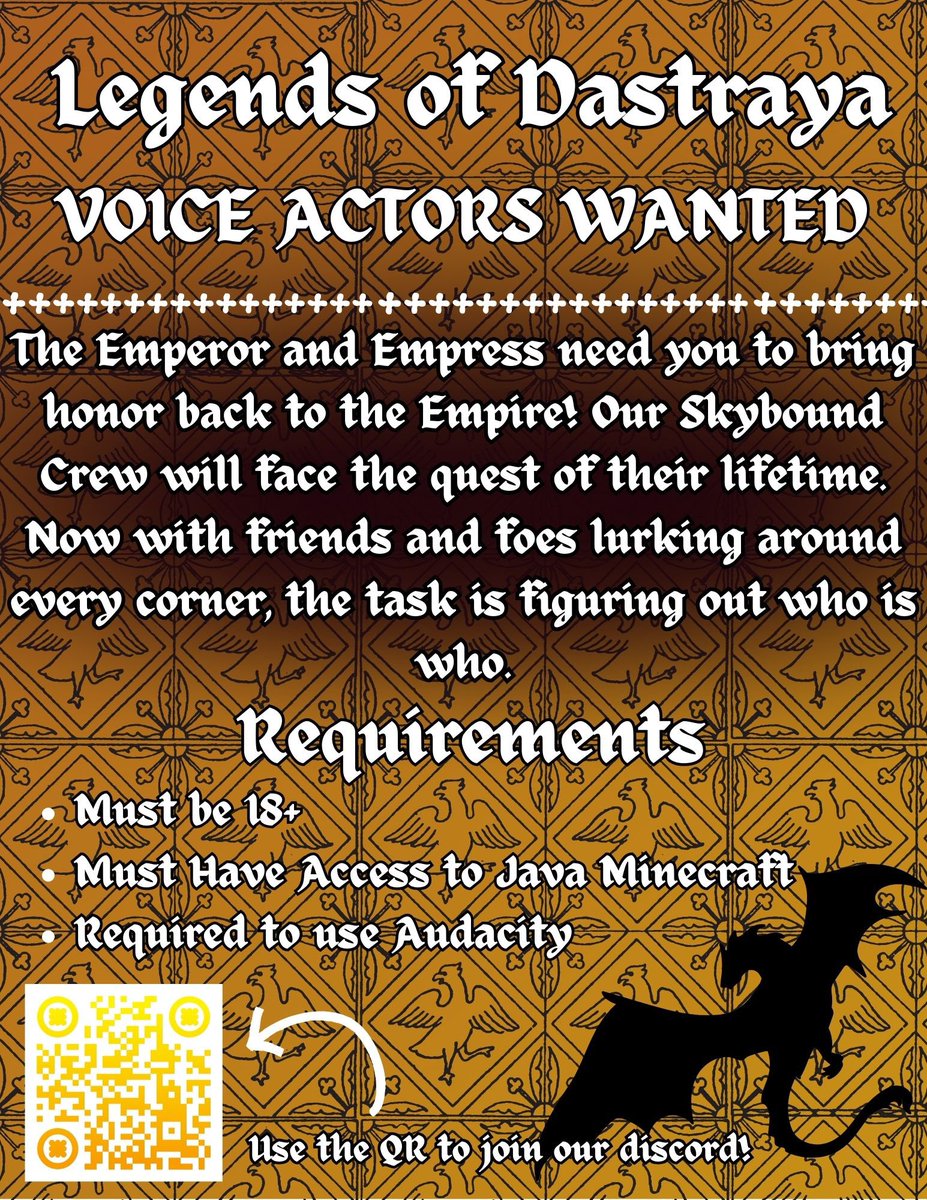 BeeTheBuzz1's tweet photo. I am producing my own Minecraft Show!! I need voice actors and builders!! Legends of Dastraya is a passion project of mine and I would love to get enough people to finally produce it! Use the QR code to join the discord and join the Legends of Dastraya team! #Minecraft https://t.co/XfgPpWpwMI