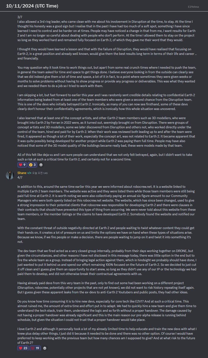 E2Yehna's tweet image. &amp;lt;Discord Q&amp;amp;A Recap_ 10/11/2024 UTC Time&amp;gt;

On Discord, Shane made his position on rumours related to the end of the D.R.O.N.E devs team contract.

It's a long story, but there are really important things.

IMO, Their high development wages are no different than what users pay for…