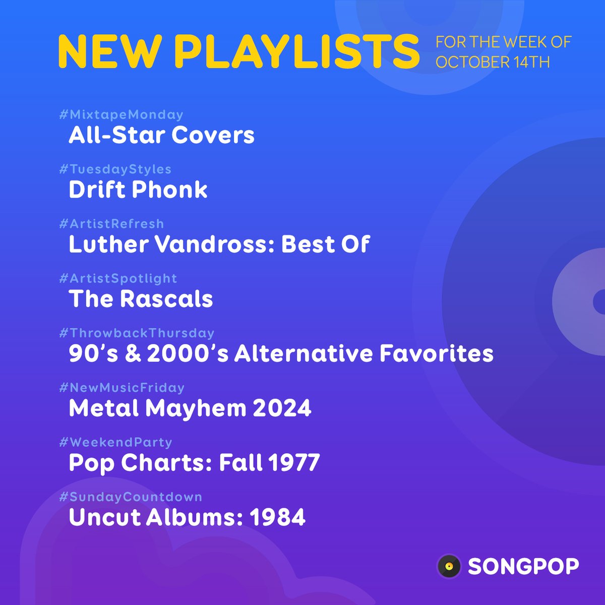 Take a look at all the #NewPlaylists coming this week to #SongPop!