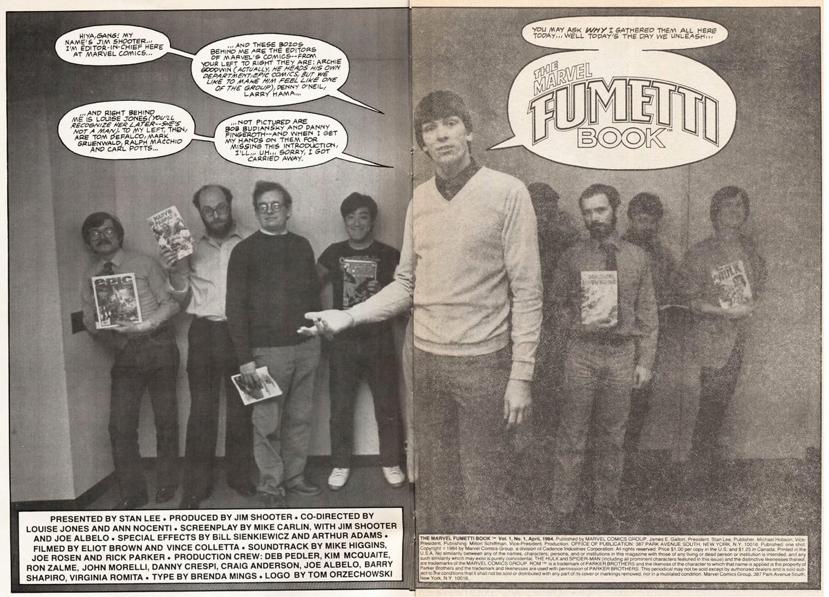 From the 1984 #Marvel Fumetti Book, featuring photographs by Vince Colletta, Jim Shooter points out who is standing behind him. On the Comic Book Historians YouTube interview series, parts 1 and 2, Shooter discusses the corporate pitfalls that he was avoiding by publishing books